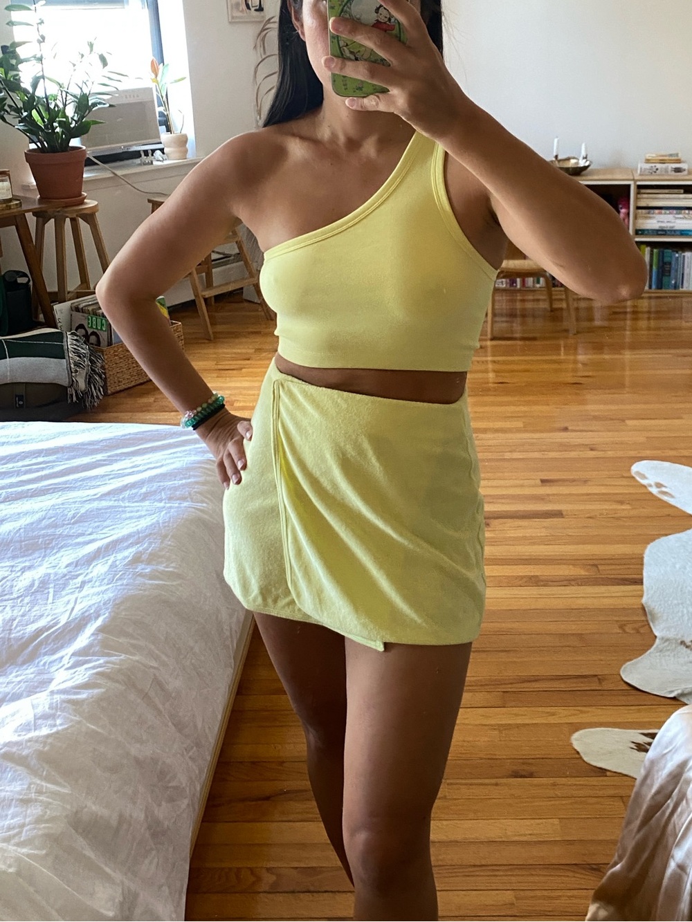 Butter Yellow One-Shoulder Crop Top & Mini Skirt Set